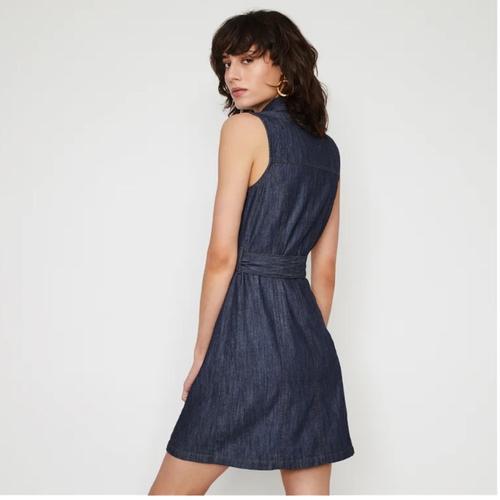 Warehouse Denim Mini Dress Sleeveless Tie Waist Pockets Dark Wash Size 6 Small - Picture 3 of 10